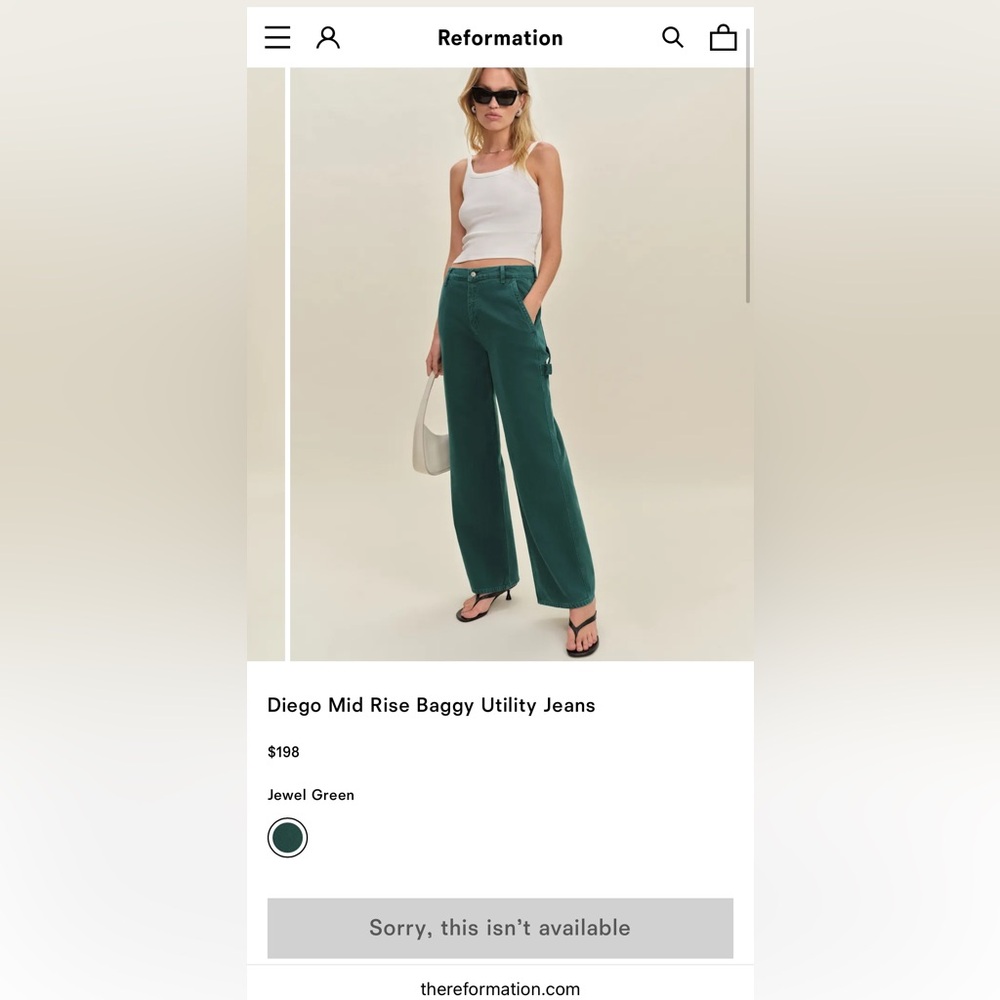 Reformation Diego Mid Rise Baggy Utility Jeans NWT Jewel Green